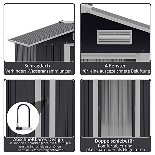 Outsunny Gerätehaus mit 2 Schiebetüren Metall Gartenhaus 2,6 m² Geräteschuppen verzinkter Stahl Schwarz 195,5 x 153 x… – Bild 6