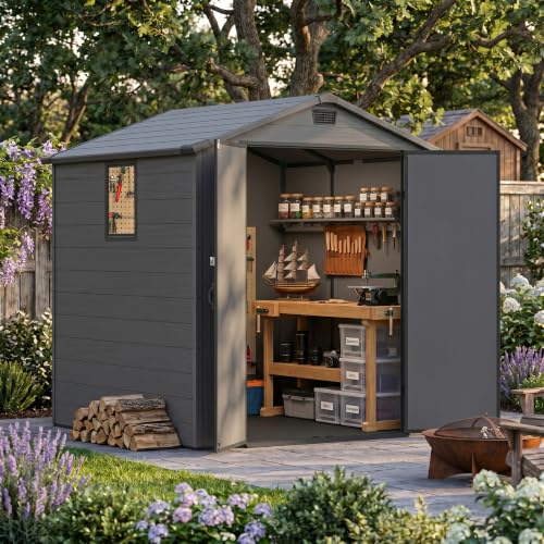 Devoko 6x6 FT Resin Outdoor Storage Shed with Floor, Plastic Garden