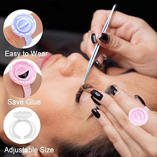 Glue Rings For Eyelash Extension, 300 Pcs Glue Rings Lash Glue Ring Bulk Smart Lash Glue Ring Holders, Disposable Eyelash Glue Holder Glue Cups Rings, Flowering Glue Rings Cups (Round Pink&White&Blue) #TOP4