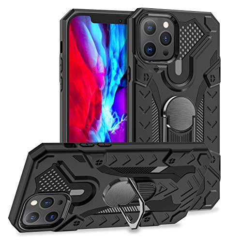 YekouMax Compatible with iPhone 12 Pro Max Phone Case, Metal Ring Stand Work with Magnetic Car Mount, 6.7 inch Full Body Shockproof Phone Cover with Kickstand, Military Grade Protective Case (Black)