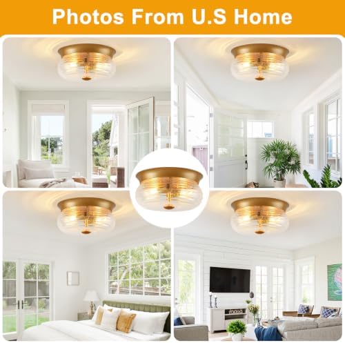 Gold Flush Mount Ceiling Light Fixtures, 2-Light Ceiling Mount for Modern with Clear Air Bubble Glass Shade, Industrial Flush Mount Light Fixture Farmhouse for Hallway Kitchen Bedroom Entryway Foyer - 2