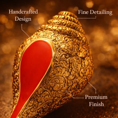Image of Kalakriti Metal Shankh Showpiece | Antique Gold Plated Carved Conch for Pooja Temple Vastu | Decorative Sankh for Home Decor | Auspicious Diwali Religious Gift (1 Pc)