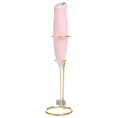 Paris Hilton Electric Handheld Milk Frother with Double Coil Head Whisk and Gold Metal Stand, Battery Powered (2 AA Batteries Required but Not Included), Pink