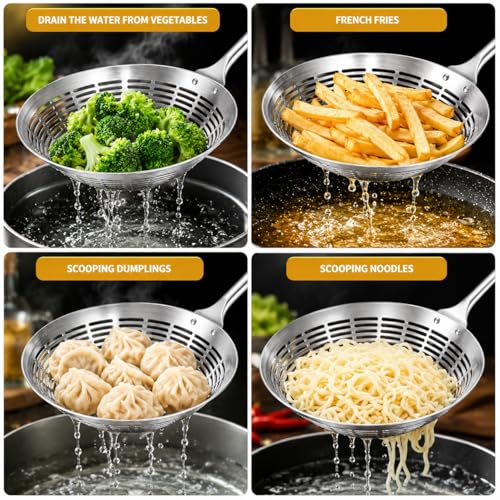 Image of 304 Stainless Steel Cooking Skimmer Jhara with Long Handle, Heavy Duty Spider Strainer Slotted Spoon for Deep Frying, Oil Draining, Pasta, Noodles, Poached Egg, Pakora, Puri & Fries Cooking (Set of 1)