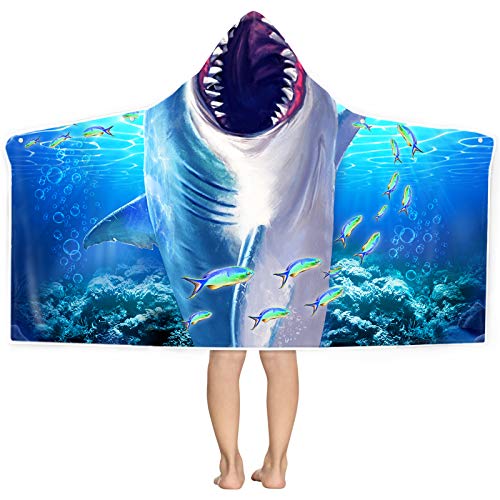 Bonsai Tree Shark Hooded Beach Towel for Kids, Cool Ocean Fishes Toddler Bath Towel with Hood for Boys, Funny Sea Animals Microfiber Super Absorbent Soft Poncho Bathrobe for Swin Pool 30”x50”