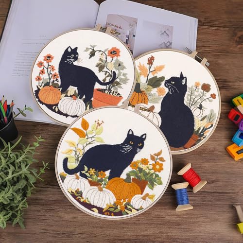 Image of KEKEMEOW 3 Sets Embroidery Kit for Beginners, Stitches with Black Cat Harvest Festival, Embroidery Stitch Practice kit for Adults Craft Lover, Cross Stitch Kit with Pattern、Instruction、Hoop