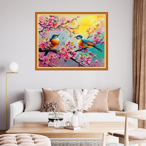 Image of Funchey Stamped Cross Stitch Kits, DIY Cross Stitch Pattern for Adults Beginners Needlepoint Kits Embroidery Kit Arts and Crafts 11CT-Pink Peach Blossom Bird 16x20 inchs