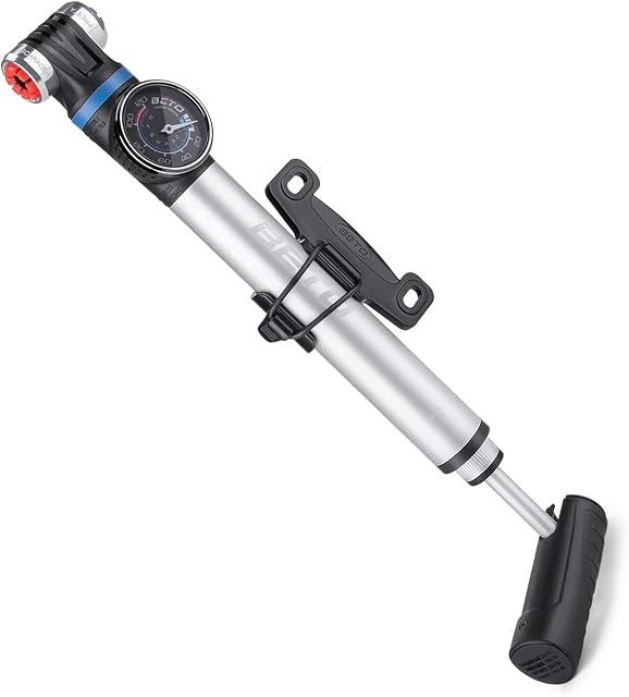 Mini Bike Pump with Gauge - Portable Frame Pump with EZ-Head Fits Schrader/Presta, Foldable T-Handle - Road Mountain MTB BMX Bike Pump