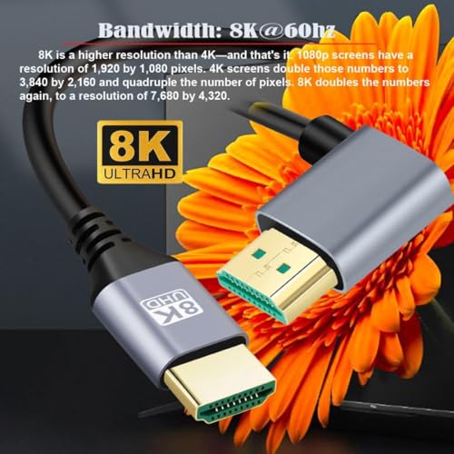Image of Wefly HDMI 2.1 Cable HDMI Male to Male 90 Degree Left Angled 8K@60Hz 4K@120Hz 48Gbps Ultra High Speed Gold Plated 0.5m for TV Monitor Computer