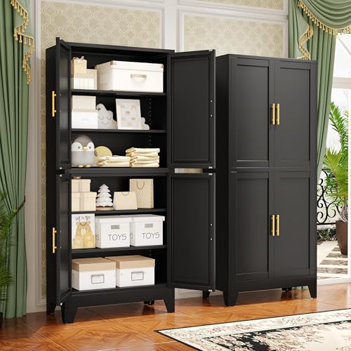 Image of GAIOUS 75.2 inch Tall Metal Pantry Cabinet, Storage Cabinets with 4 Door and 4 Adjustable Shelves, Black Kitchen Pantry Storage Cabinet, Freestanding Cupboard for Kitchen Dining Room Living Room Bathroom