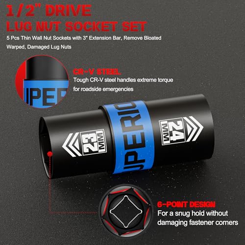 Image of 1 /2 inch Drive Lug Nut Socket Set, 16-24 mm Flip Socket Set, 5 Pcs Thin Wall Nut Sockets with 3 inch Extension Bar, Remove Bloated Warped, Damaged Lug Nuts