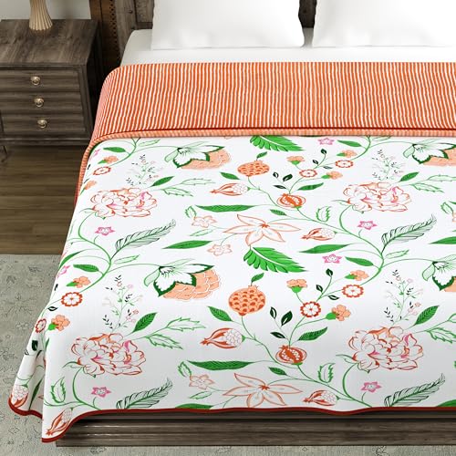Image of BLOCKS OF INDIA 100% Cotton Dohar King Size Reversible Hand Block Printed Malmal Summer Dohar /Blanket (Orange Anar JAAL)