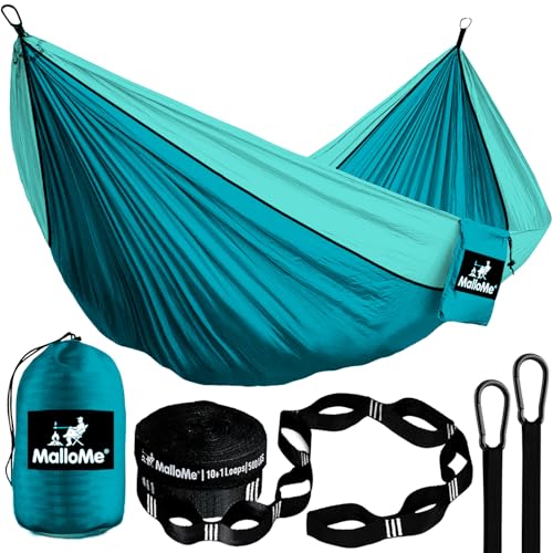 MalloMe Einzel Hängematte (285 x 140cm) Ultraleichte Reise Camping Hängematten für Outdoor 2 Personen oder 1 Kinder & Erwachsene Atmungsaktives Wasserdichtes Fallschirm-Nylon, inkl. Premium Karabiners