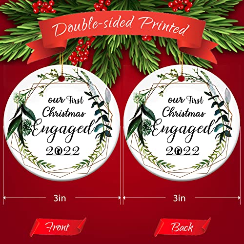2022 Our First Christmas Engaged Ornaments, Engagement Wedding Bridal Shower Gift, Large 3" Round Double-Sided Painted Ceramic Xmas Hanging Ornaments For Couple Presents #TOP2