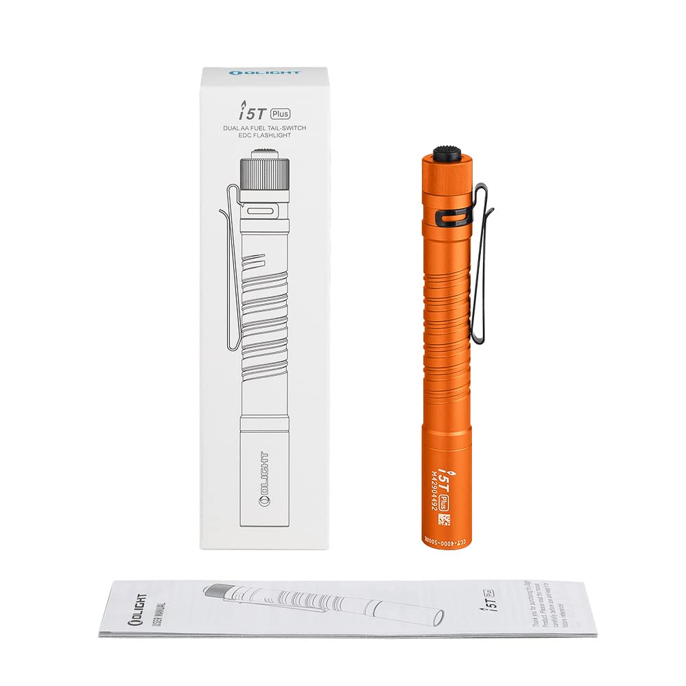 OLIGHT I5T PLUS Luce Tascabile Sottile 550 Lumen con Clip, LED Portatile EDC Piccola Torcia Due Batterie AA, Torcia Impermeabile IPX8, Adatta per Uso Domestico o Esterno (Arancia)