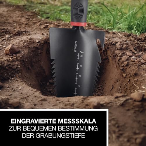 EASYmaxx 4 in 1 Wurzelschaufel | Multifunktionsschaufel zum Graben, Durchtrennen & Bepflanzen | 4 in 1 Wurzelschaufel mit Schaufel, Säge, Tiefenmesser & Multihaken | Root Digger mit Antirutschgriff