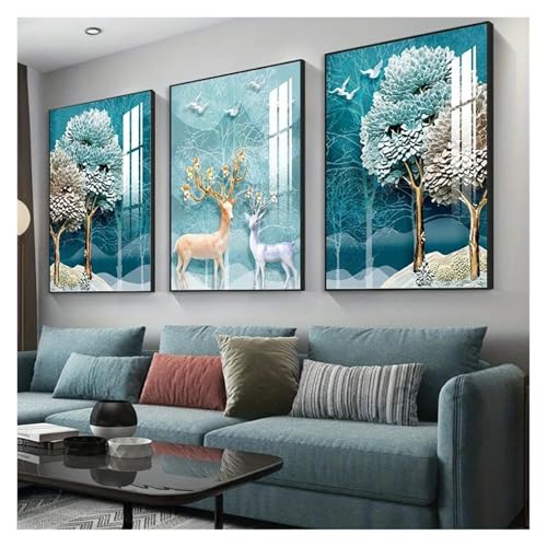 Toile art mural moderne cerf et élan doré triptyque luxe abstrait 50x75cm