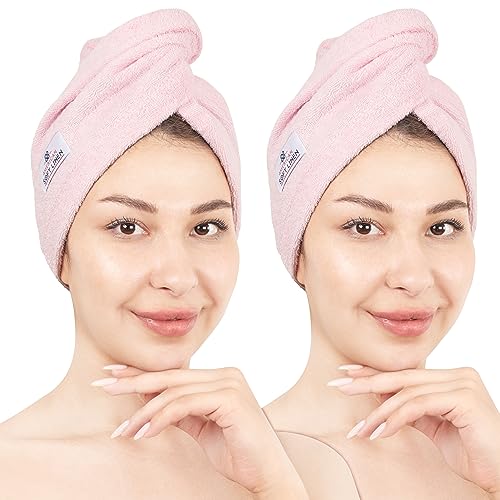 American Soft Linen 100% Cotton Hair Towels for Women, Head Towel Cap, Cotton Hair Turban Towel Wrap for Long Curly Anti Frizz Hair, Soft and Absorbent Cotton Hair Towels 2 Pack, Pink