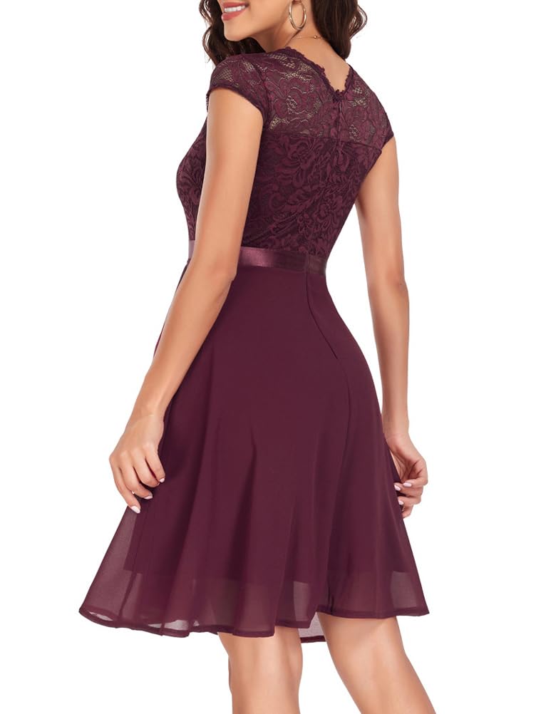 shownicer Abito Cocktail Donna Elegante Abito Cerimonia Maniche Corte Vestito in Chiffon Vita Alta Vestiti in Pizzo