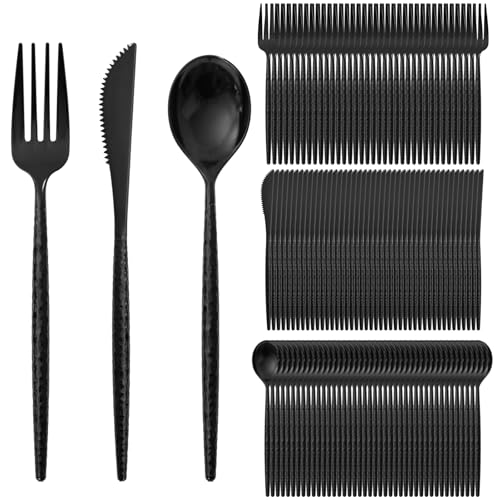 Supernal 360Pcs Hammered Black Plastic Silverware Heavy Duty Party Utensils