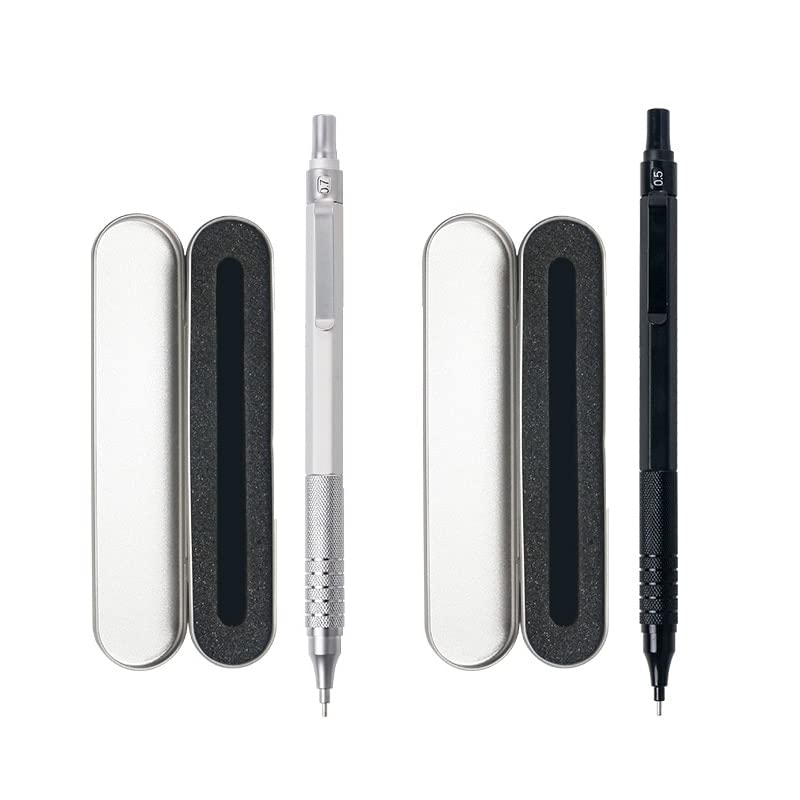 Druckbleistift aus Metall, Geschenkverpackung, 0,5/0,7 mm, Automatikbleistift für Büro und Schule (0,5 mm Silber) (0,7 mm Schwarz)