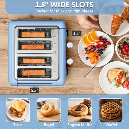 Image of BUYDEEM DT640 4-Slice Toaster, Extra Wide Slots, Retro Stainless Steel with High Lift Lever, Bagel and Muffin Function, Removal Crumb Tray, 7-Shade Settings,Blue