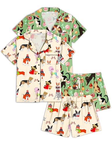 Ekouaer 2 Pack Pajamas for Women Set Button Down Summer Sleepwear Short Sleeve Comfy Pjs Loungewear Set Green Cat Print-Champagne Dog Print Medium