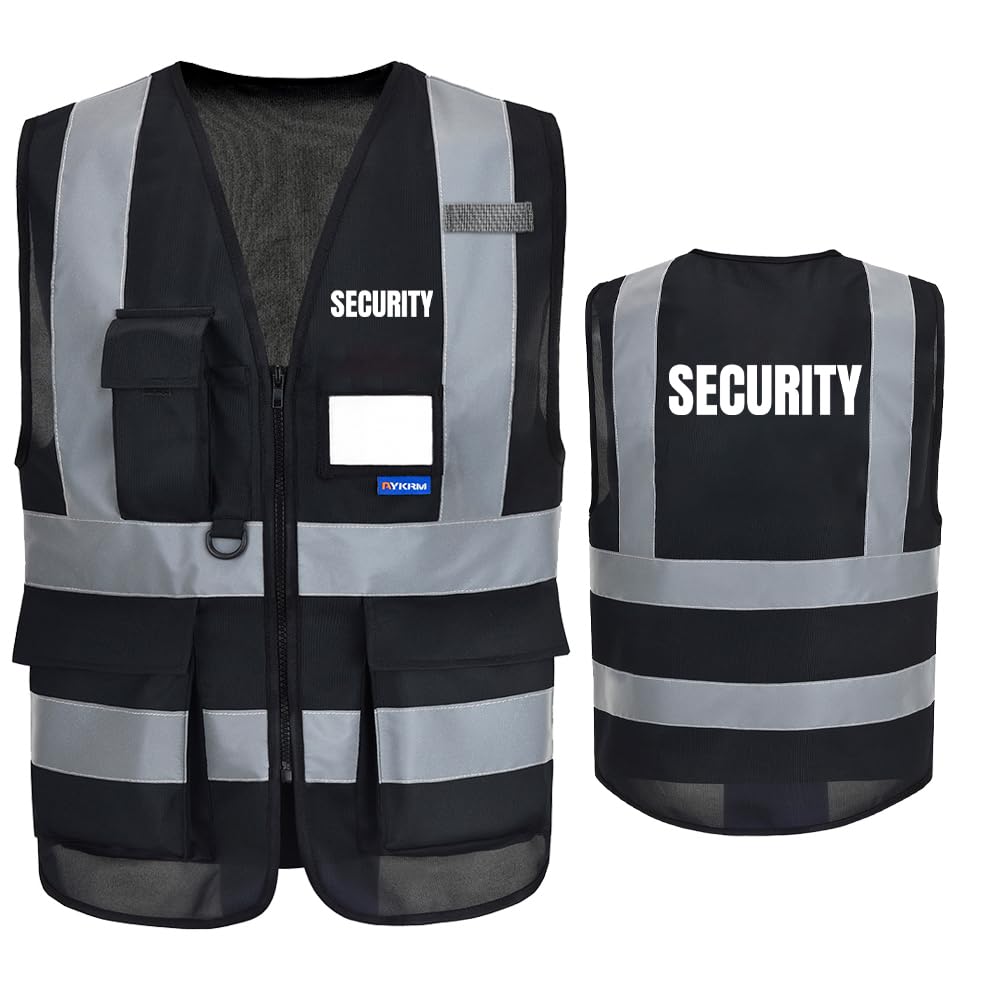 SECURITY Hi Vis Vests for Men & Women - 7 Pockets, High Visibility Safety Vests with Zipper, Black-SECURITY