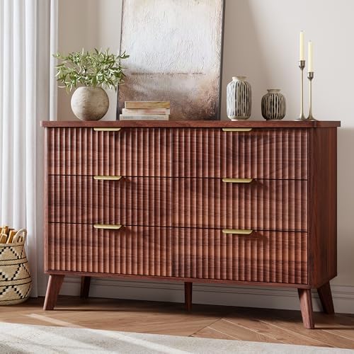 GarveeHome Fluted Dresser for Bedroom with 6 Deep Drawers, 47.2 in Wide Modern Chest of Drawers, Wooden Dresser TV Stand, Curved Profile Design, for L