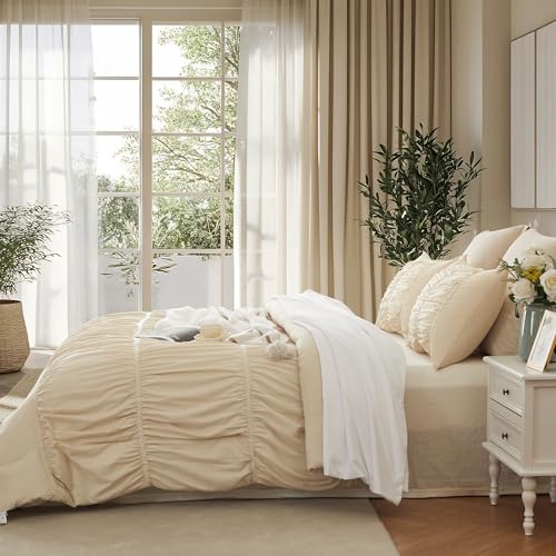 Image of Ruched Ruffle Comforter Set Queen - 3 Piece Wheat Checkered Bedding Set - Aesthetic Cottagecore Ruffled Farmhouse Comforter with 2 Pillow Shams - Soft, Lightweight All Season Bedding (90 inchx90 inch)