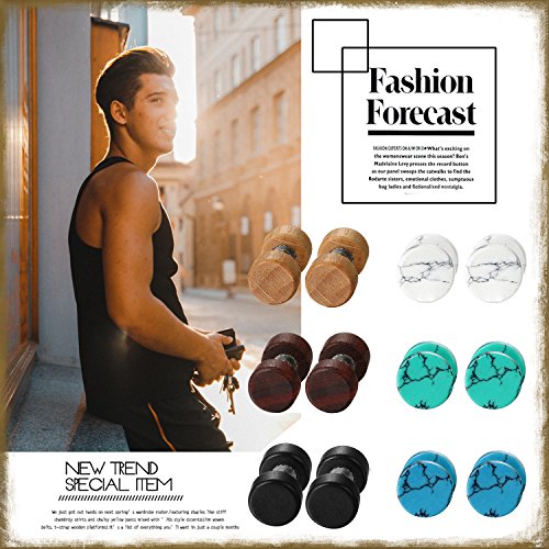 6 Pairs 8Mm Marble Stone Wood Screw Stud Earrings Set,Cupimatch Ear Piercing Plugs Faux Gauges Illusion Tunnel Earrings (8 Mm) #TOP1