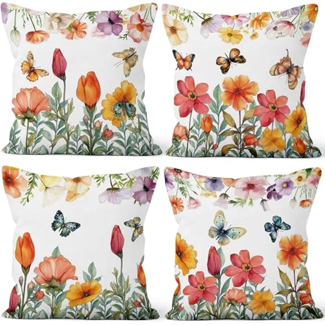 4 Pcs/Set Floral Pillow Covers Pink Flowers Green Leaves Colorful Butterflies Nature Plants Rustic Farmhouse Decor Throw Pillow Covers for Outdoor Home Couch Sofa Bedroom, 18x18
