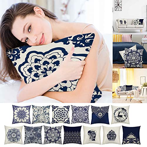 Tunkence Pillow Covers Pillowcase Floral Blue White Cotton Linen Throw Pillow Covers Cushion Covers Boho Pillow Covers For Home Sofa Couch Decoration,18X18Inch #TOP5