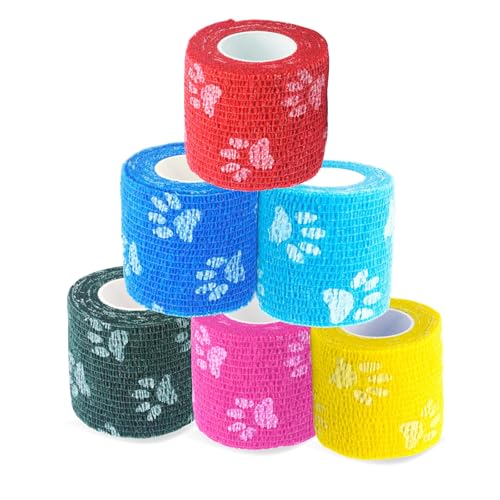 MEDUWEDU Pet Bandage 6 Rolls, Adhesive Bandage, Self Adhesive Bandage, First Aid Adhesive Gauze, for Horses, Dogs,Cats, Birds, Animals (Paw Prints, 2 Inch (Pack of 6))
