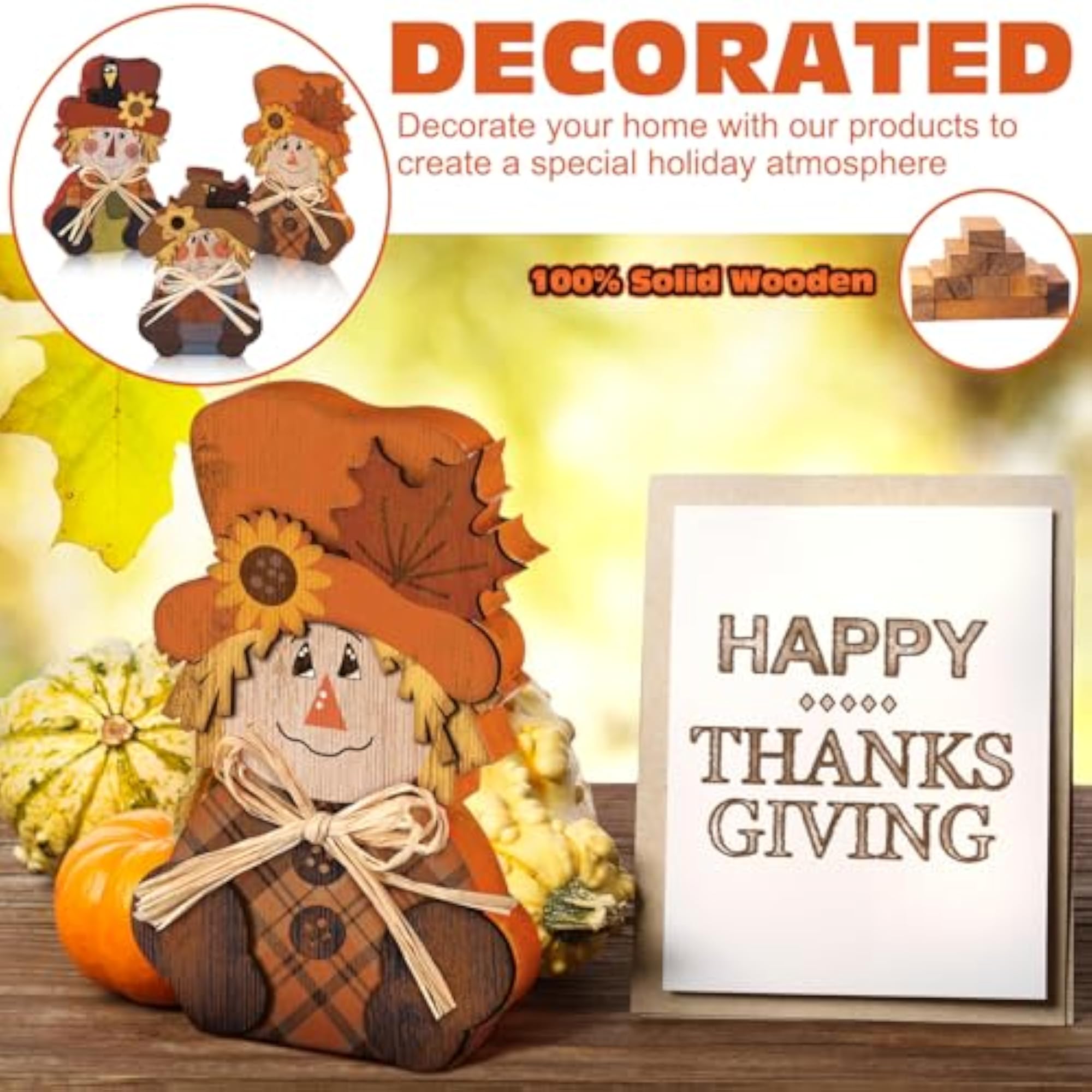 3 Pcs Fall Scarecrow Decor Wooden Block Sign Table Centerpieces