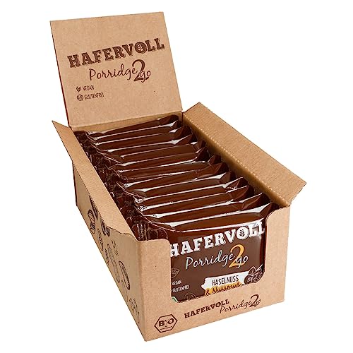 Hafervoll Porridge2go Haselnuss & Nussmus, 13 x 55g Riegel - Vegan, Bio, Glutenfrei, Naschen ohne Zusatz von Zucker, mit Hafer, Datteln und Quinoa-Pops