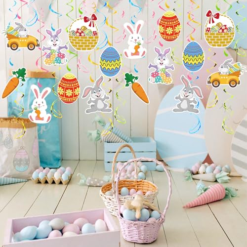 Image of Easter Party Decorations - 30 Pcs Easter Hanging Swirl No DIY Easter Egg Bunny Carrot Baskets Ceiling Decorations for Home Office Classroom Easter Party Supplies