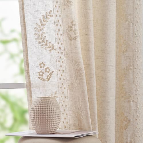 Image of jinchan Floral Linen Curtains 108 Inch Farmhouse Back Tab 2 Panels