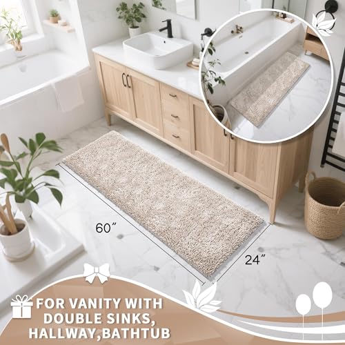 Image of Yimobra Long Bathroom Rugs Runner 60x24 Inch, Extra Thick Soft Absorbent Chenille Bath Mat, Non Slip Machine Washable, Quick Dry Bath Rugs for Bathroom Floor, Tub and Shower, Khaki