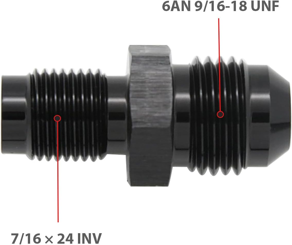 Aluminum -6AN AN6 Male Flare to 7/16 x 24 Male Thread Inverted Seat Adaptor Fittings Inv Flare Connector, Black, Pack of 2