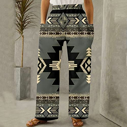 Calça reta de ioga para mulheres, casual, estilo étnico, estampa asteca, com bolsos, calças de cintu