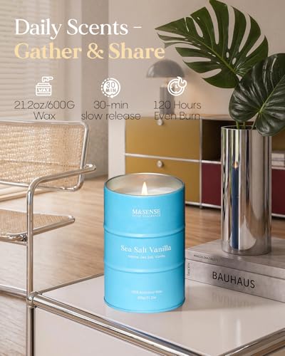 Image of M&SENSE Sea Salt Vanilla Scented Candles Large Beach Candle, Natural Soy Summer Candles 21.2oz 120 Hour Slow Burning,Aromatherapy Candle for Stress Relief Meditation Relaxing