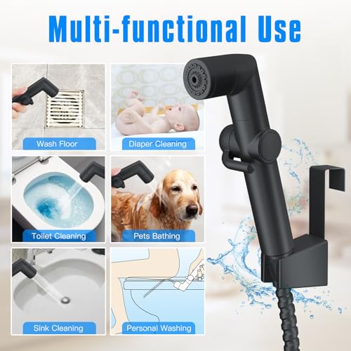 Image of JONKEAN Black Handheld Toilet Bidet Sprayer for Cleaning | Jet Spray Water Pressure Control, Bidet Attachment for Baby, Feminine & Pet Wash, Muslim with Hose, Leak-Free Design