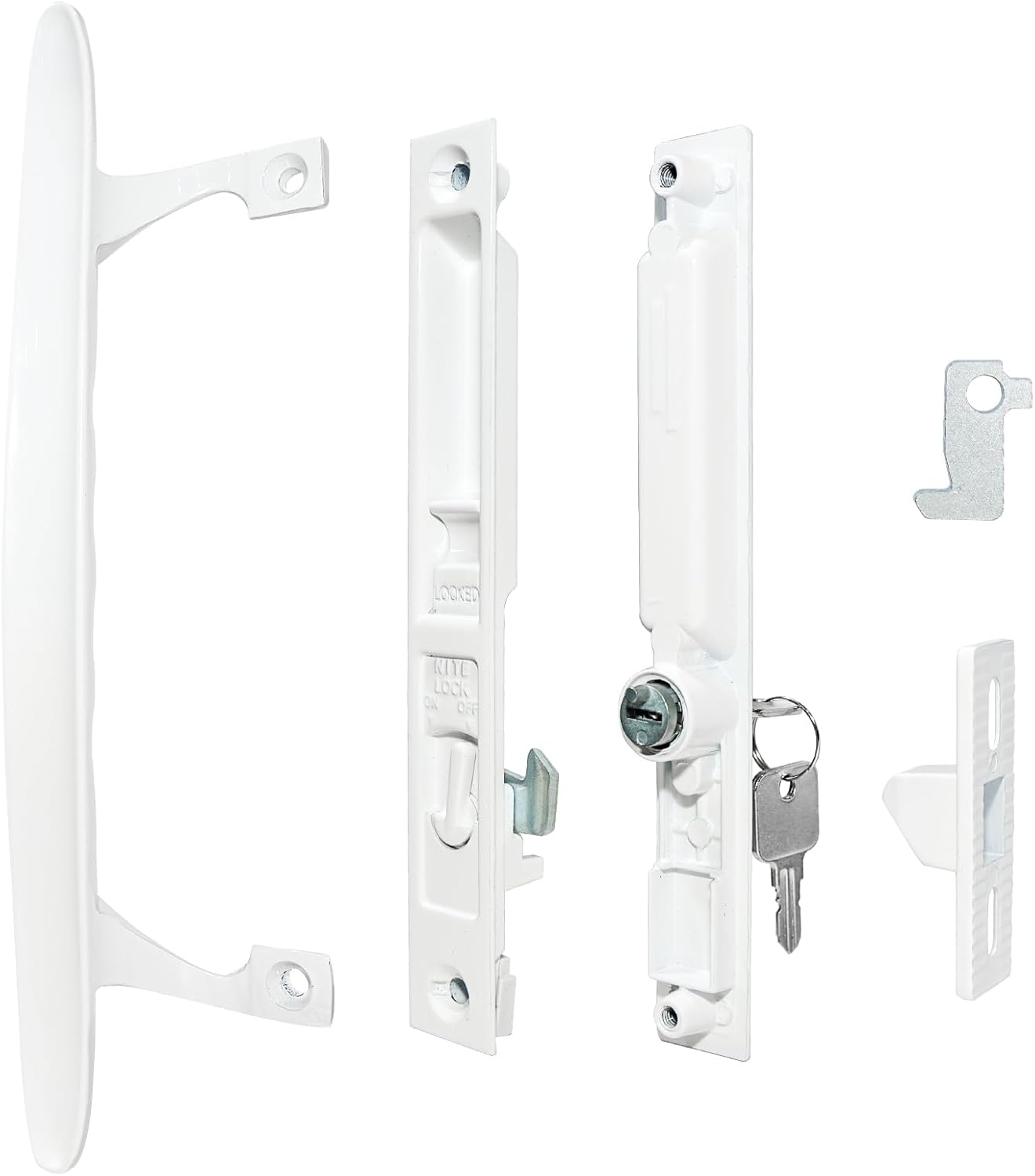Flush Mount Sliding Glass Door Handle Set, 6-5/8" H.C., Patio Door Night Lock & Hook Latch Replacement, Fits 1" to 1-1/8" Thick Doors, Non-Handed, White keyd