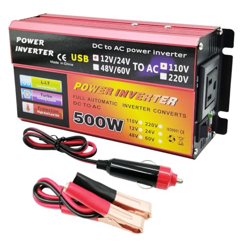 500W Car Power Inverter 12V/24V DC to 110V AC Converter with 1 AC Outlets & USB Port - Heavy-Duty Aluminum Alloy Compact Size for Laptop RV Truck Camping- Overheat/Overload/Short Circuit Protection