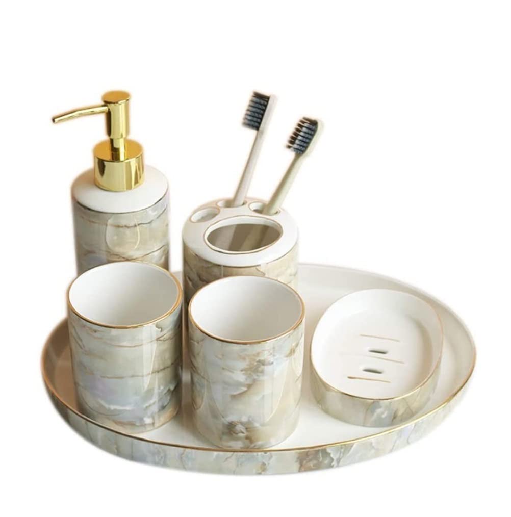 AJEUNGAIN Set Bagno Accessori Completo Grigio, Set Accessori Bagno Moderno Include Cestino Bagno, Portaspazzolino, Set Scopino WC E Dispenser Sapone, Vassoio Da Vanity (Grigio