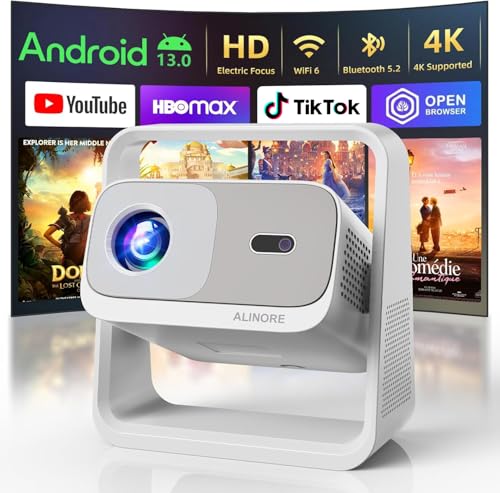 ALINORE Smart Projector with WiFi and Bluetooth, Built-in Apps, Electric Focus & Auto Keystone Portable Outdoor Proyector, Native 1080P Projector 4K Support, Movie Projector for Home Theater, White