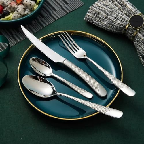 Image of Sterling Silver French Style Sterling Silverware Set | 20-Piece Hammered Flatware with 2-in-1 Serrated Knife | Stainless Steel Cutlery Set | Perfect for Home, Restaurant & Luxury Gifting
