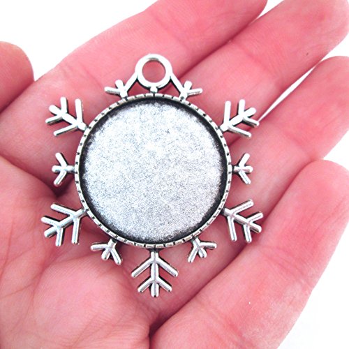 Pandahall 5Sets Antique Silver 25Mm Diy Photo Snowflake Pendant Makings Set With Pendant Cabochon Bezel Blank Settings & Transparent Clear Half Round/Domed Magnifying Glass Cabochon #TOP2