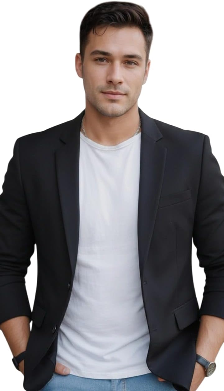 Men Cotton Blend Solid Single Breasted Blazer with Notched Lapel, | Stylish Full Sleeves, Button Closure, Regular Fit Formal Blazer for Mens (Black)